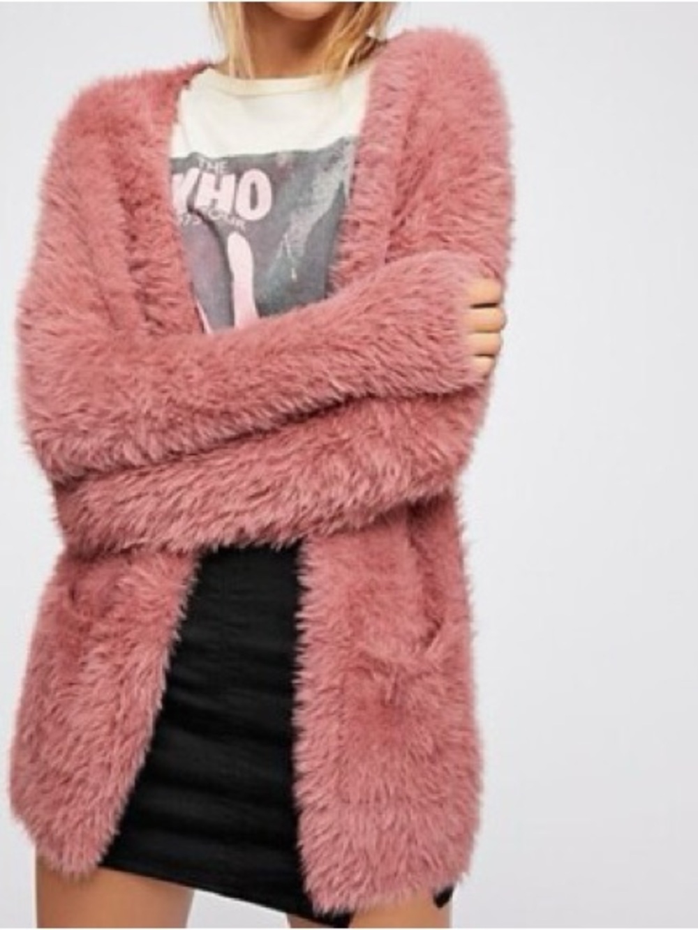Free People Dusty Rose Plush Faux-Fur Open Cardigan